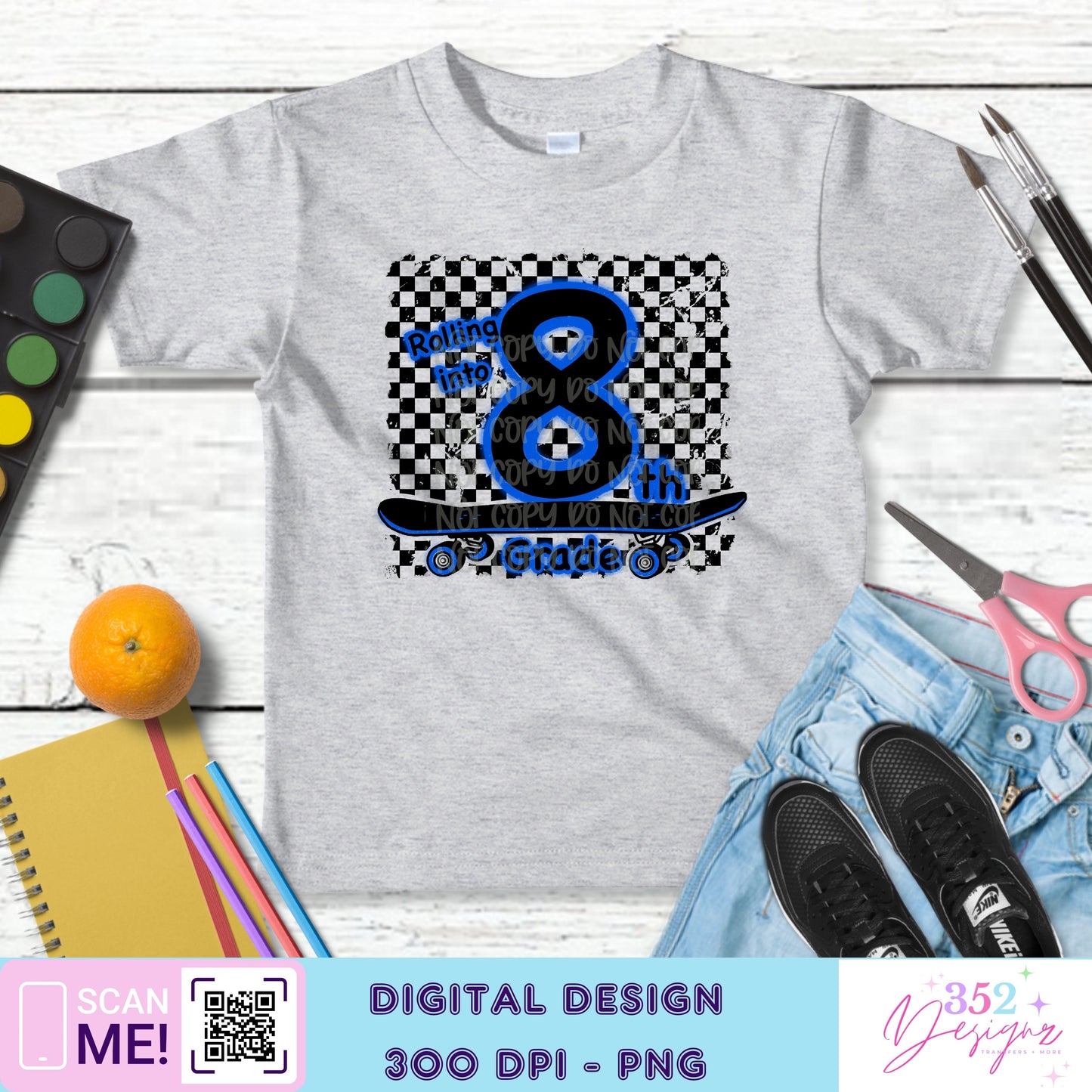 Blue neon skateboard back to school grades - Digital Download- PNG