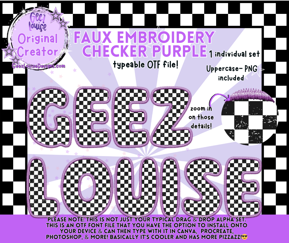 Faux Embroidery Checker Purple OTF Font | PNG Alpha Set