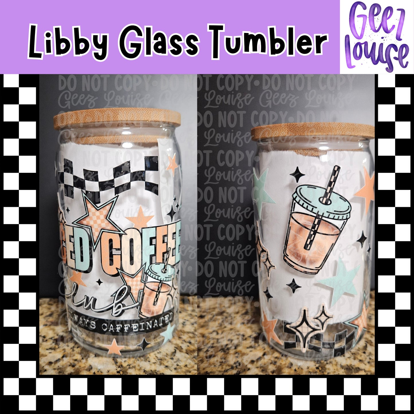 Iced Coffee Libby Glass Tumbler | 16oz Coffee Lover Glass Cup with Bamboo Lid & Straw