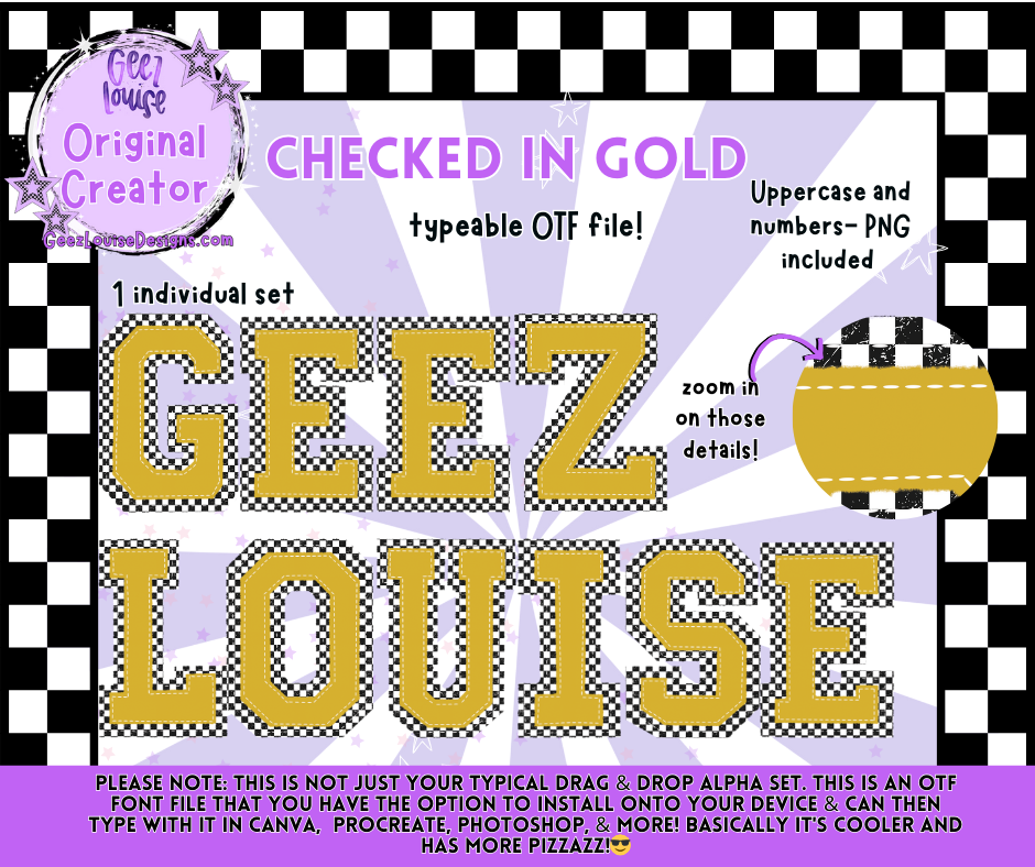 Checked in Gold Typeable OTF Alpha Font with PNGs