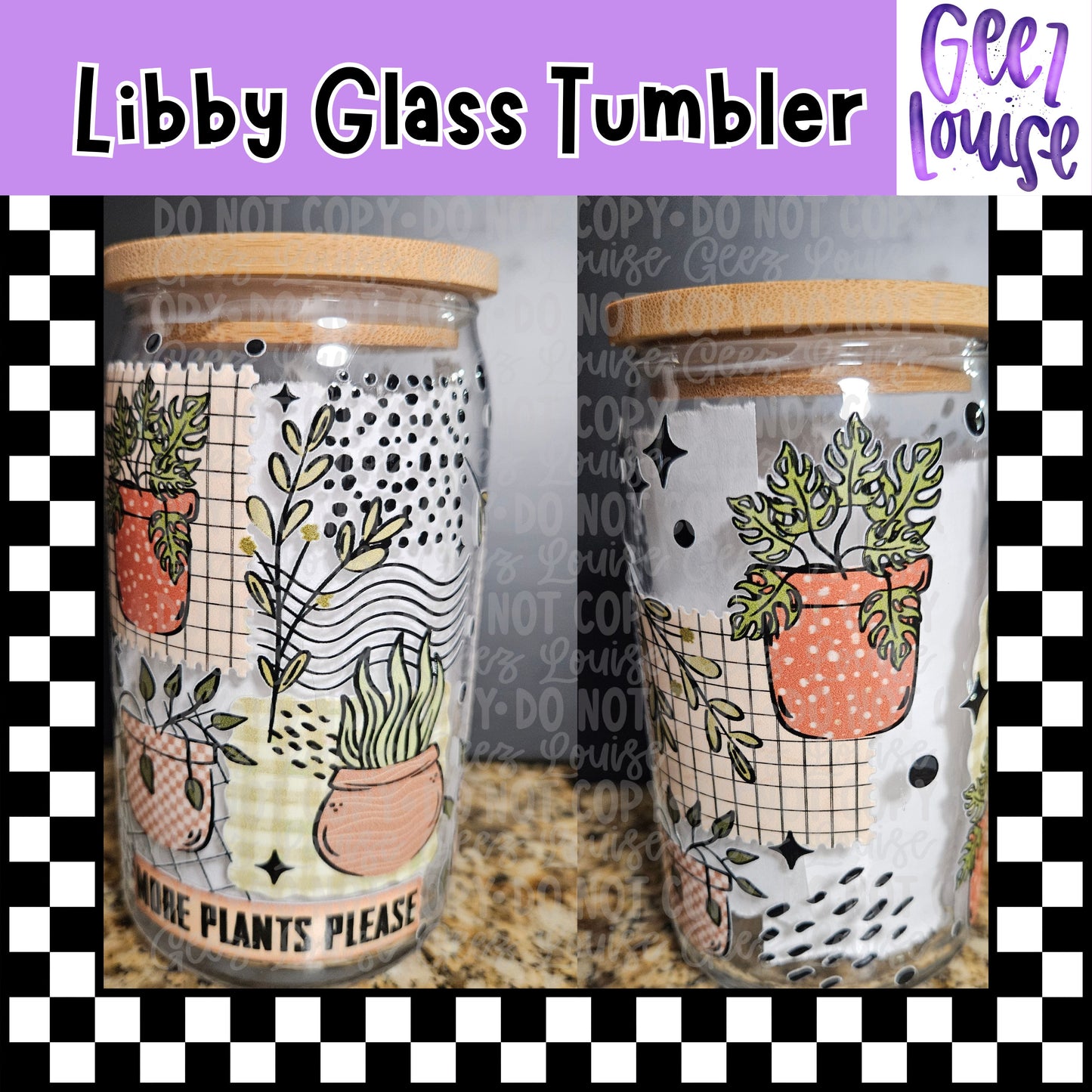 More Plants Please Libby Glass Tumbler | 16oz Plant Lover Glass Cup with Bamboo Lid & Straw
