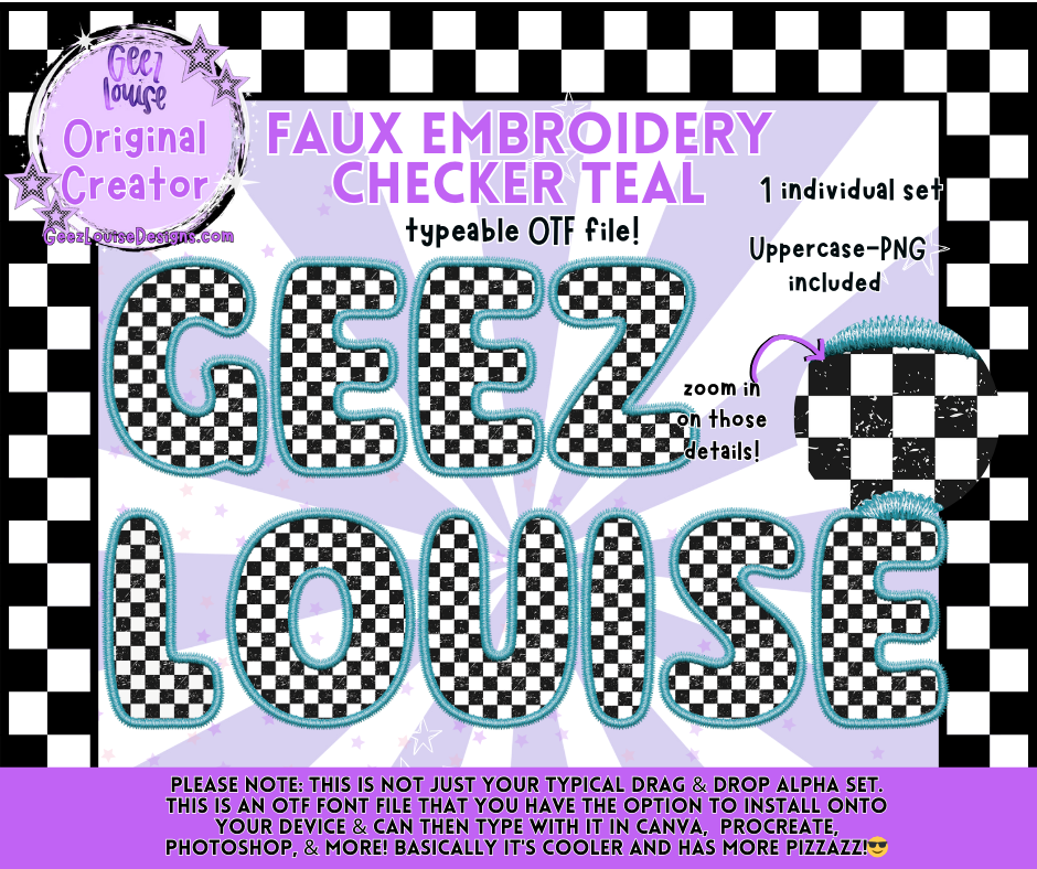 Faux Embroidery Checker Teal Alpha OTF Font + PNG | Digital Download