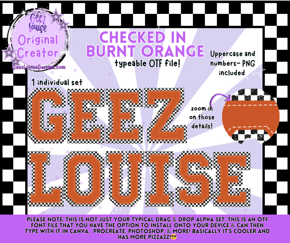 Checked in Burnt Orange Typeable OTF Alpha Font with PNGs