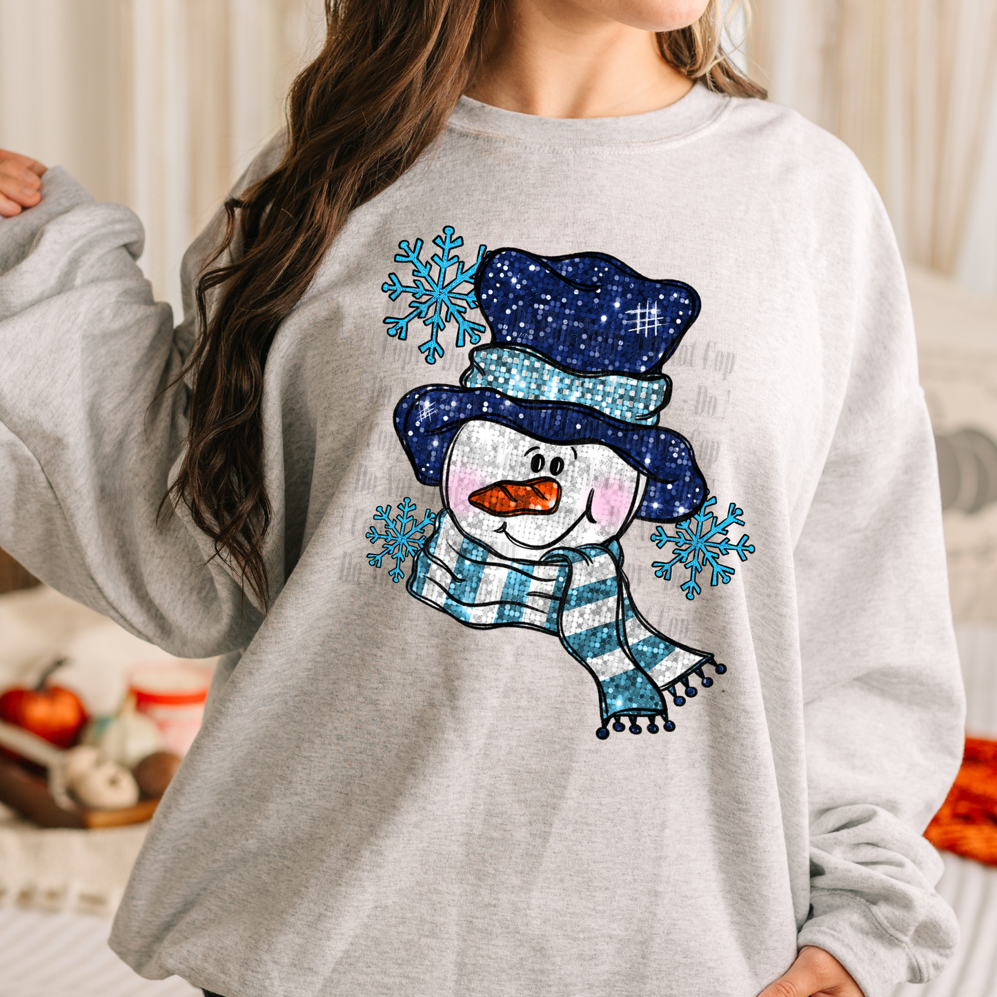 Blue Snowflake Faux Embroidery Digital Design | Winter Snowman Sublimation PNG