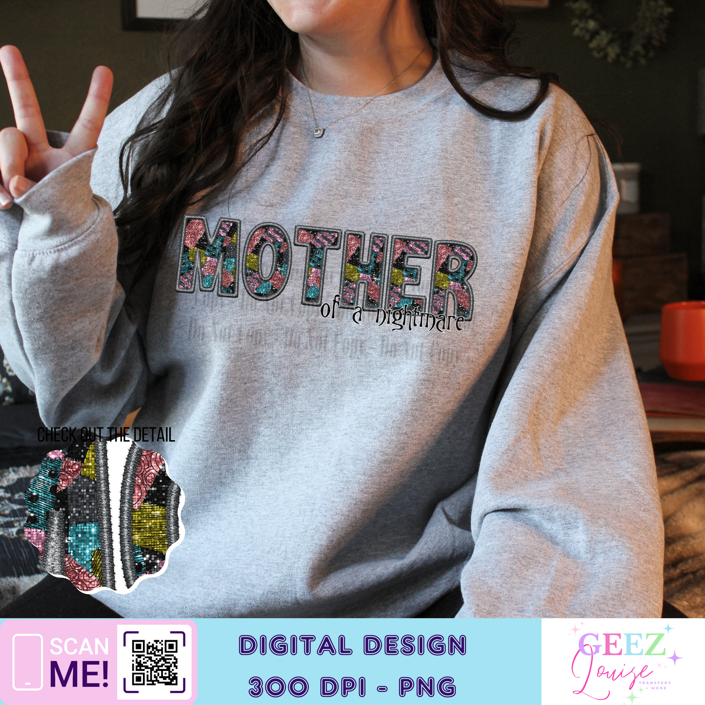 Mother of little nightmares faux sequin faux embroidery - 4 versions included - Digital Download- PNG