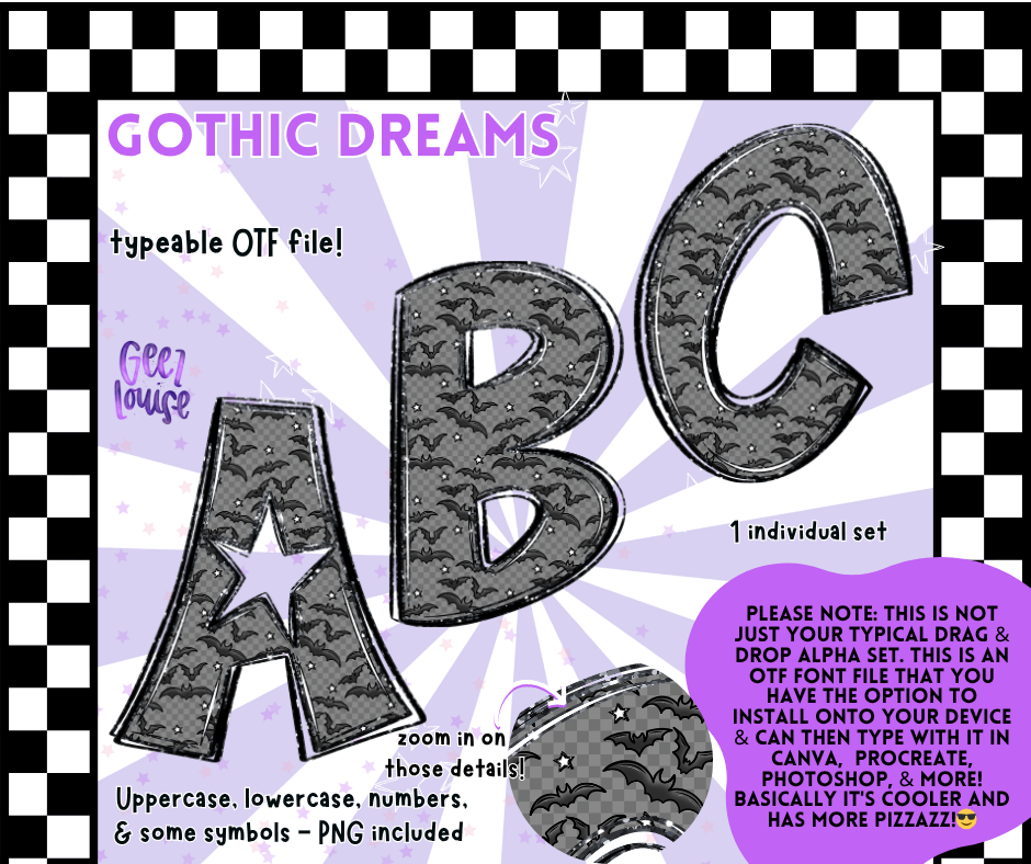 Gothic Dreams Alpha – Bat Pattern OTF Font & PNG Set