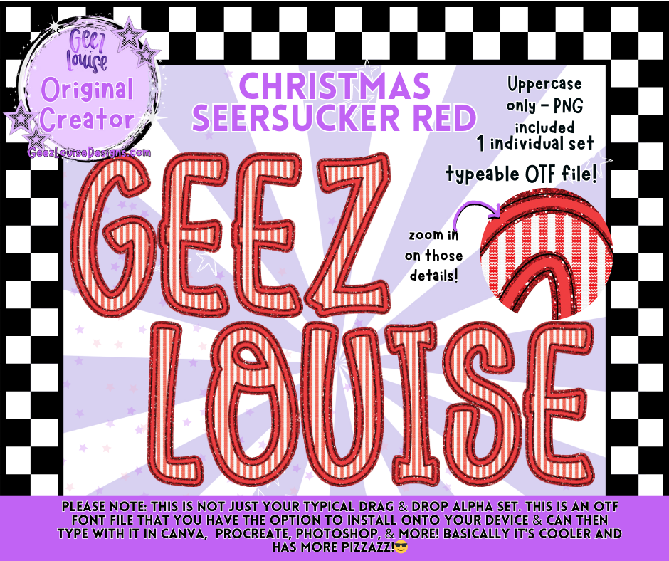 Christmas Seersucker Red – OTF Alpha Font & PNG Letters | Geez Louise Designs