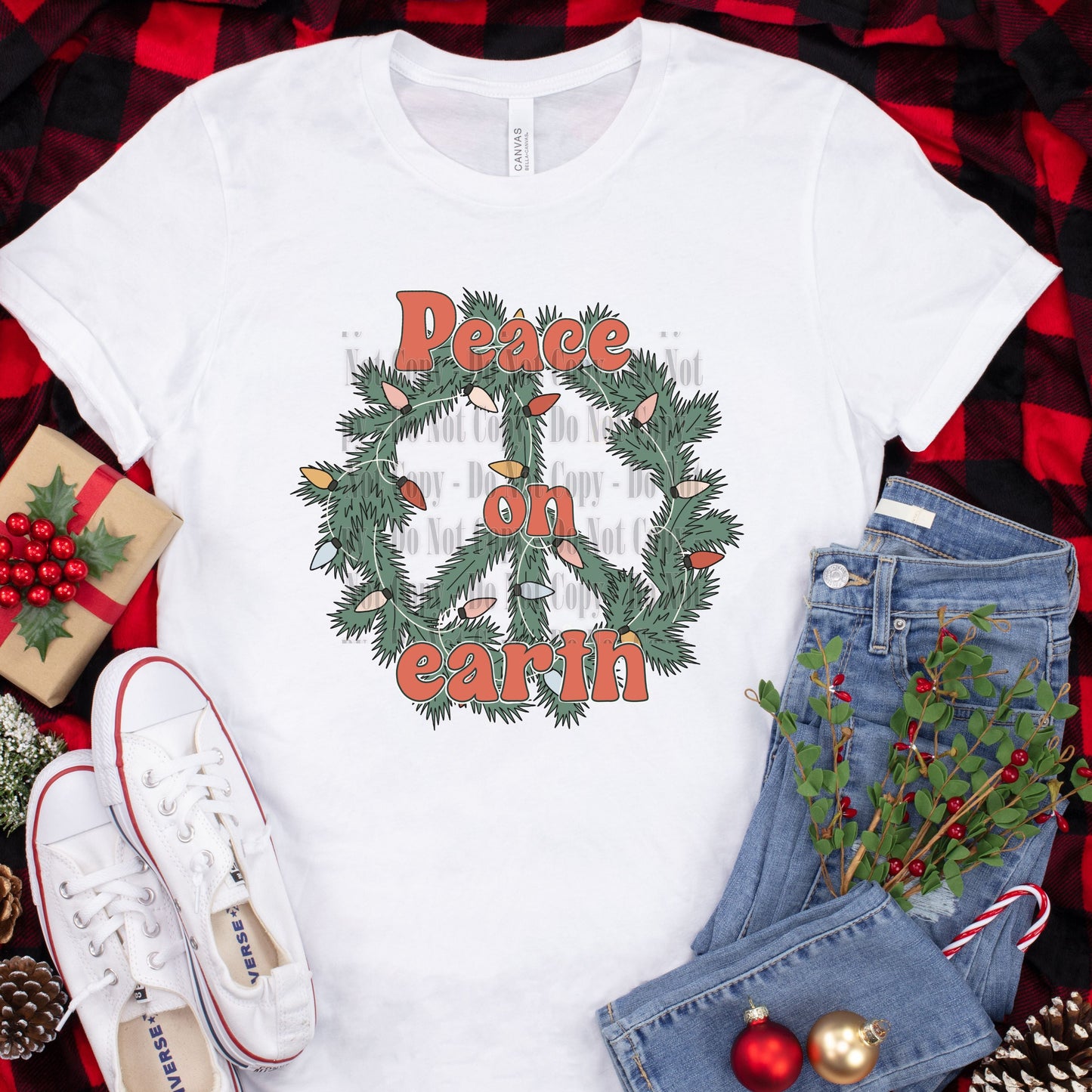 Peace on Earth Digital Design | Christmas Wreath & Lights PNG