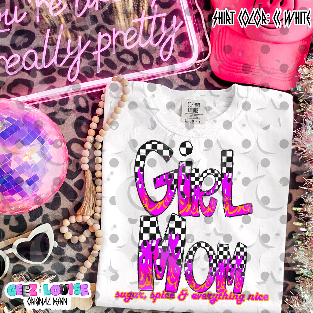 Girl Mom Sugar Spice Digital Design | Pink Flame Checkered PNG | Retro Mom Shirt Design