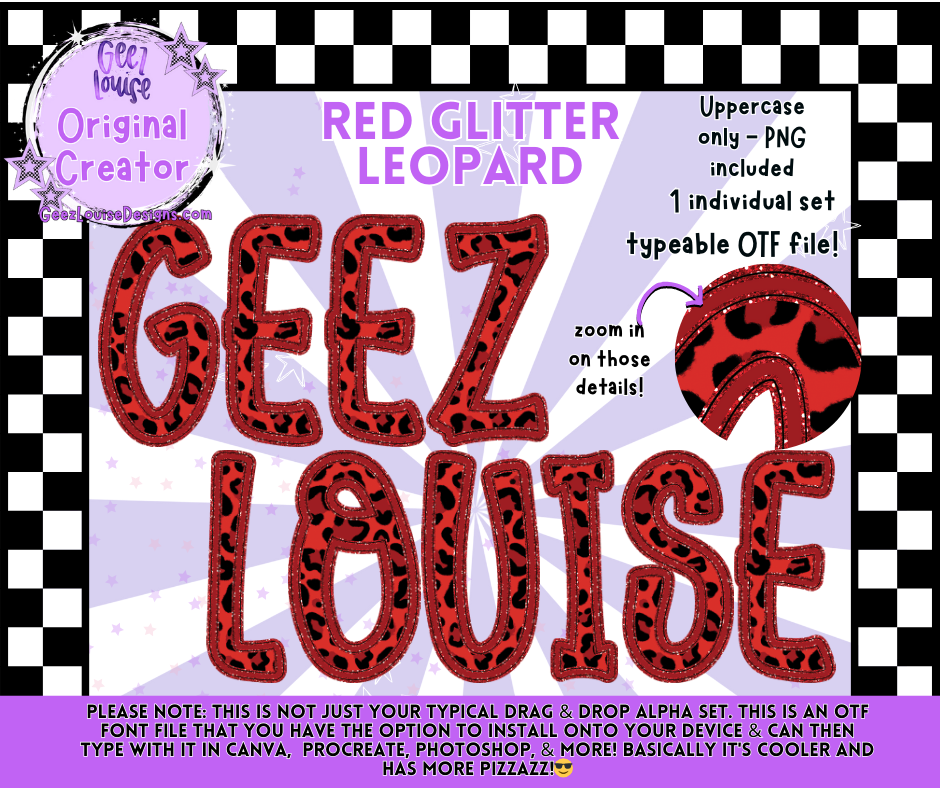 Red Glitter Leopard Faux Embroidery OTF Alpha | Typeable Font + PNG Set