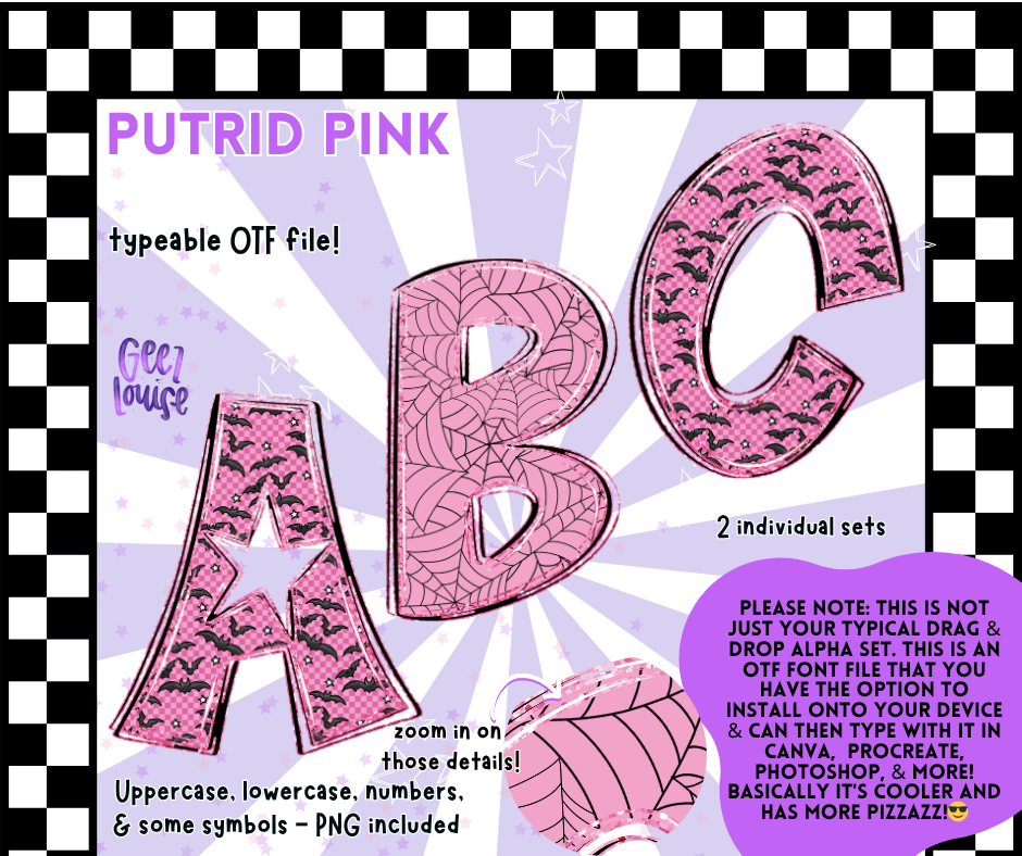 Putrid Pink Halloween Typeable OTF Alpha Font with PNGs | Bat & Spiderweb Styles