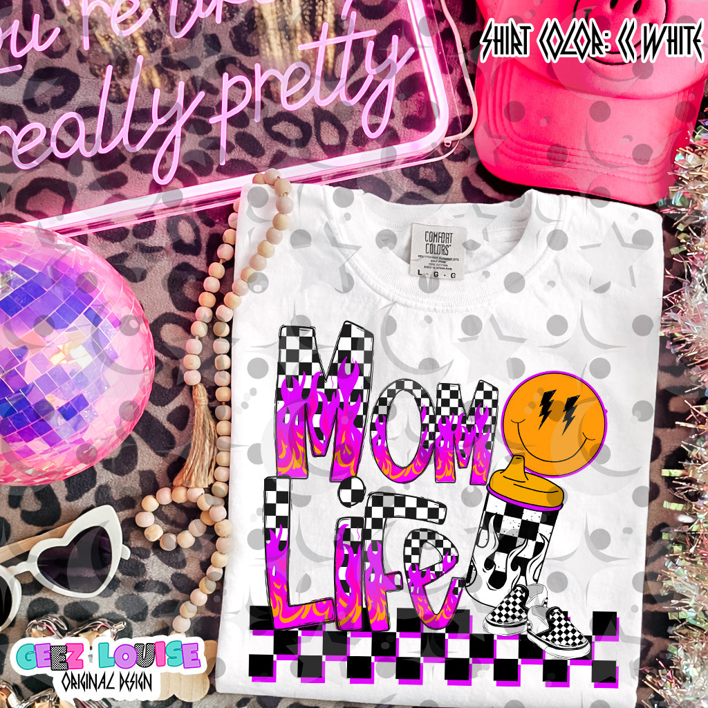Mom Life Pink Flame Digital Design | Checkered Neon PNG | Retro Mom Shirt Design