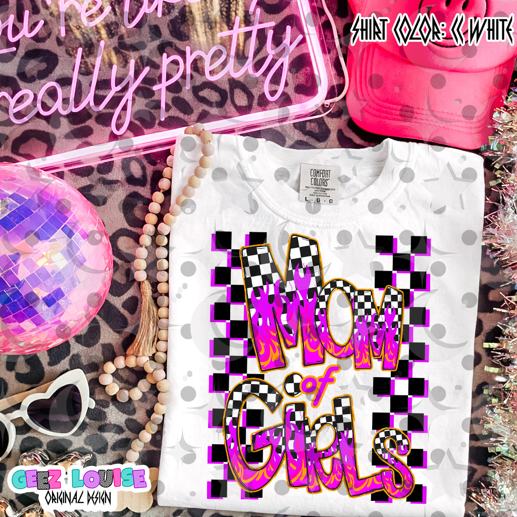 Mom of Girls Pink Flame Digital Design | Checkered Neon PNG | Retro Mom Shirt Design