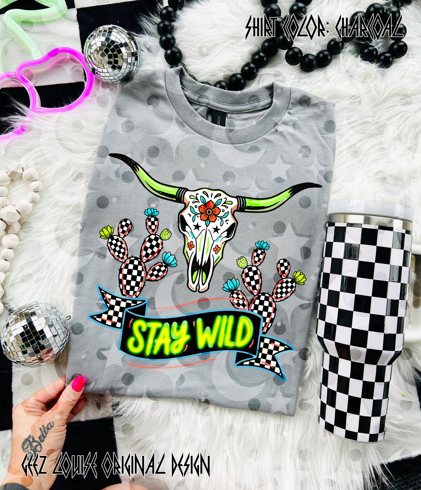 Stay Wild Digital Design – Neon Western Skull & Cactus Graphic PNG