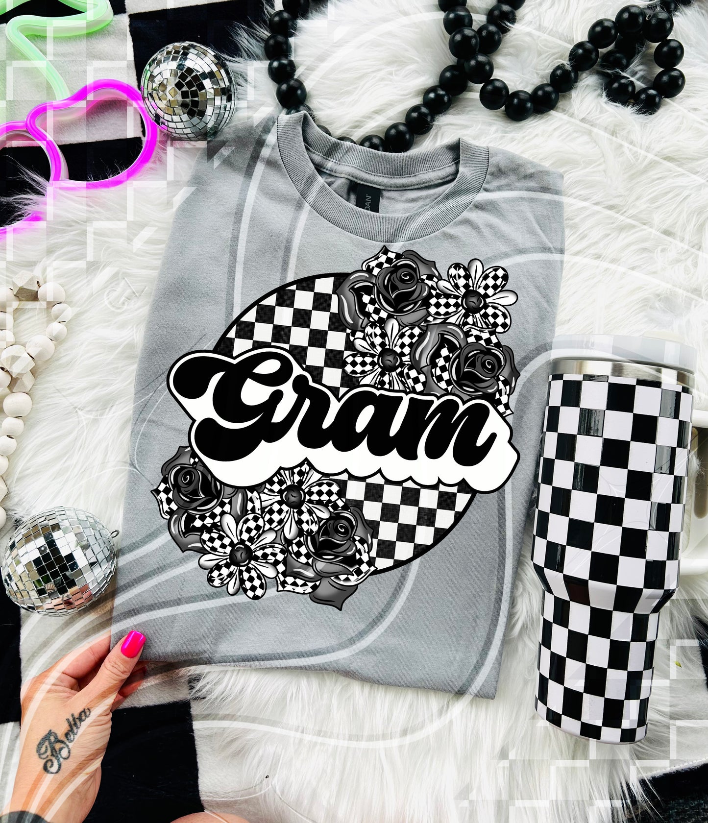 Checkerboard Floral “Name” Tee – Mama, Nana, Gram & More! - Digital Download- PNG