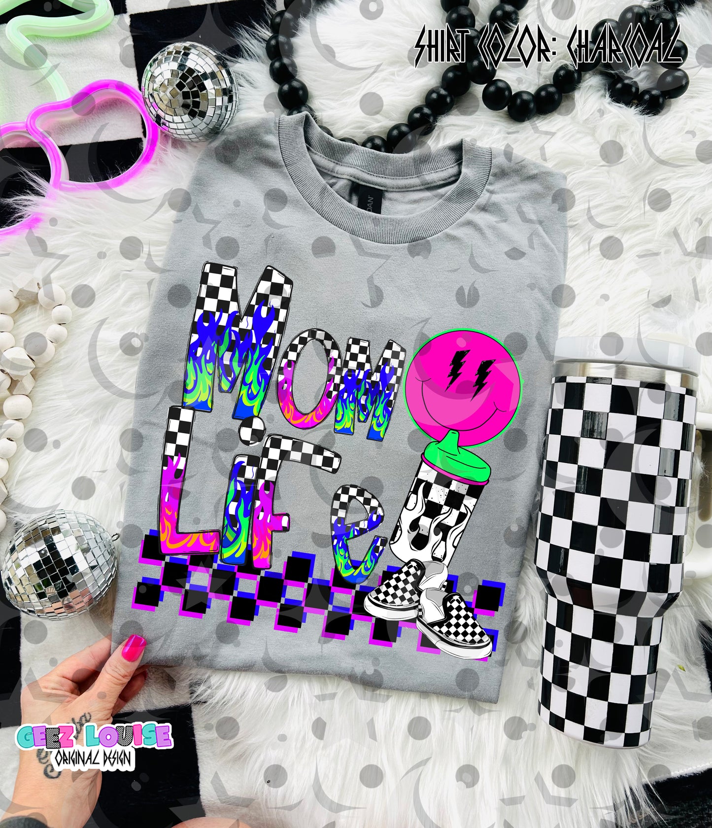 Mom Life Neon Grunge Digital Design | Rainbow Flame Checkered PNG | Retro Mom Shirt Design