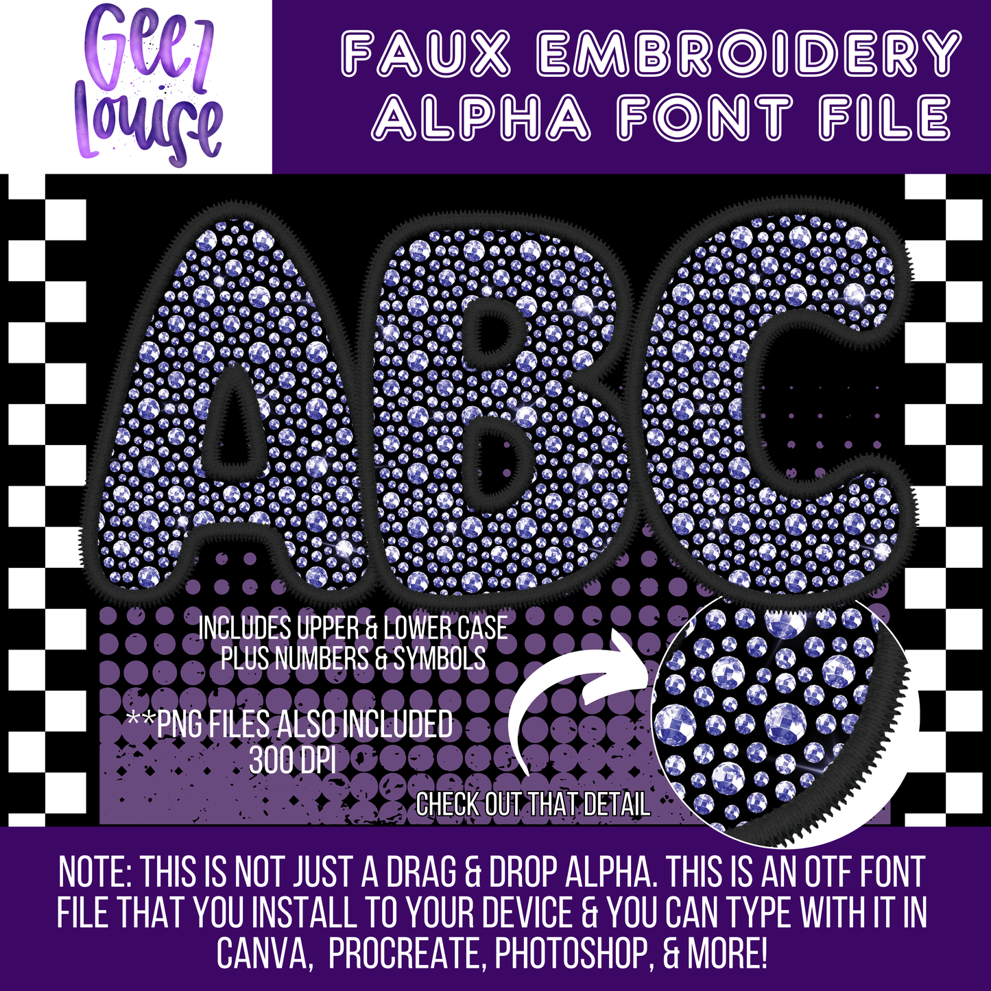 Rhinestone faux embroidery (7 sets) - TYPEABLE OTF Font - Alpha Set - Digital Download- PNG