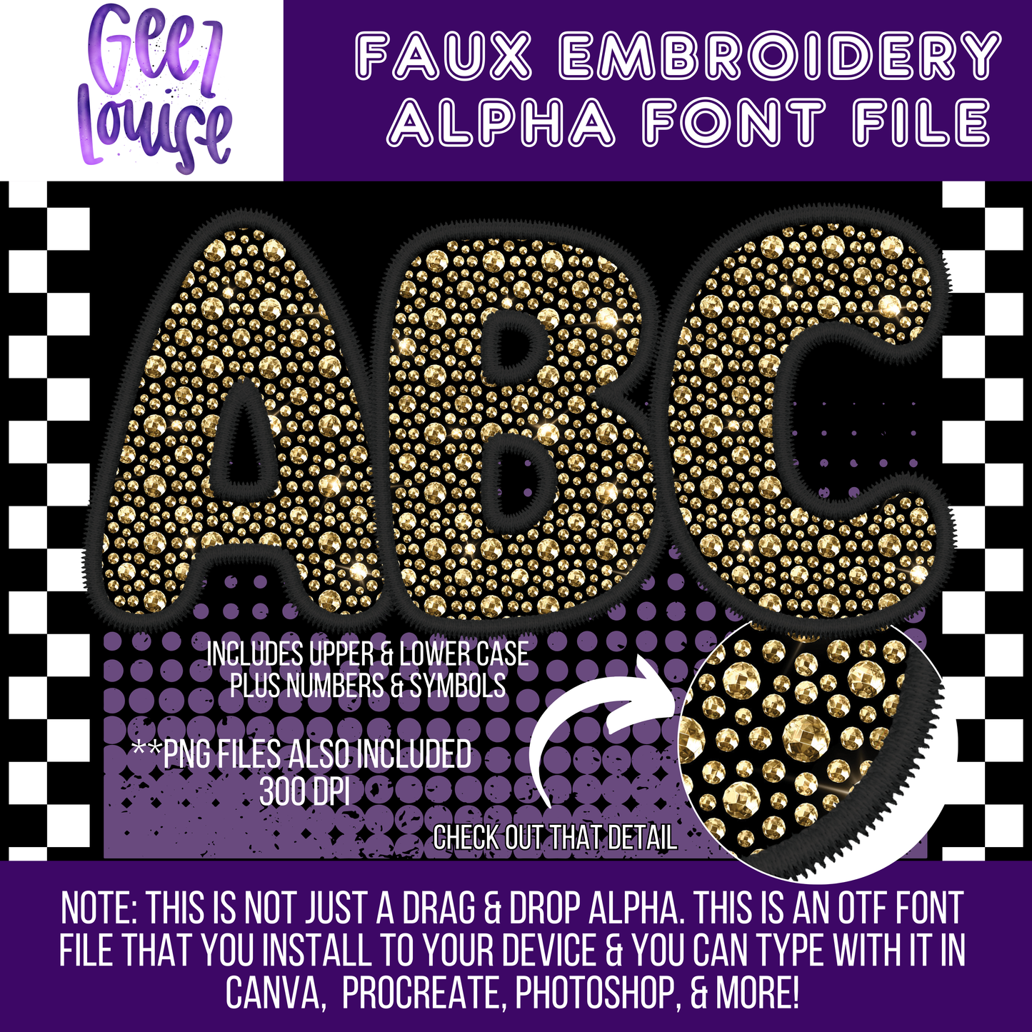 Rhinestone faux embroidery (7 sets) - TYPEABLE OTF Font - Alpha Set - Digital Download- PNG