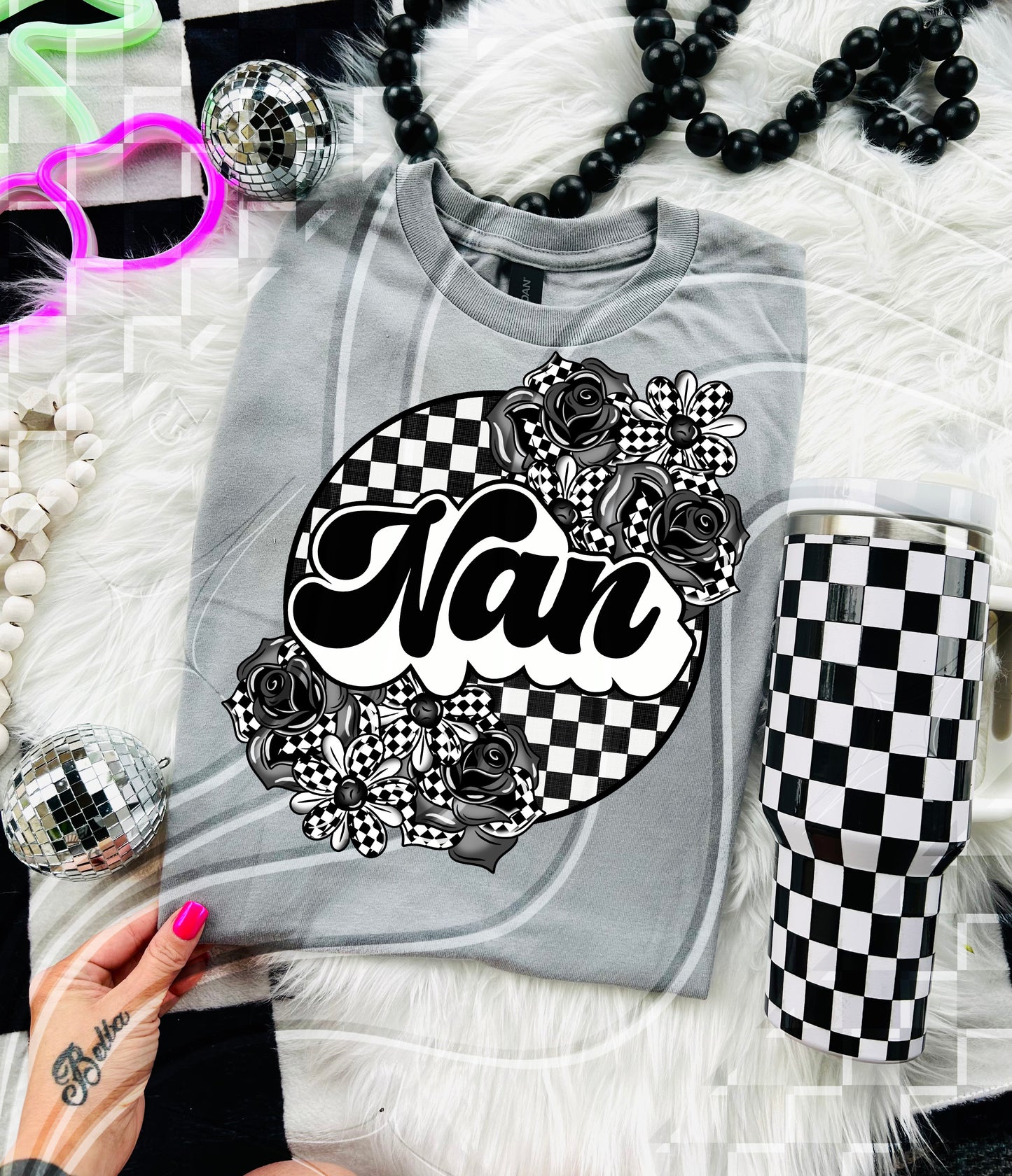 Checkerboard Floral “Name” Tee – Mama, Nana, Gram & More! - Digital Download- PNG