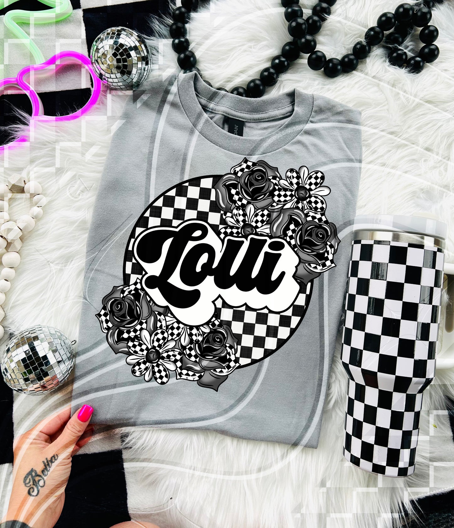 Checkerboard Floral “Name” Tee – Mama, Nana, Gram & More! - Digital Download- PNG