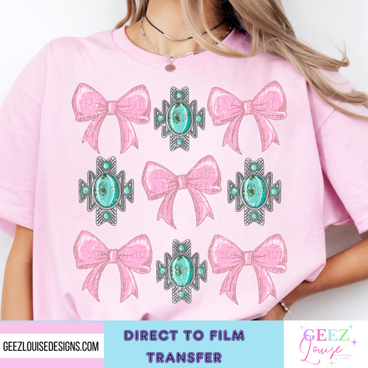 Bows and turquoise  - Direct to Film Transfer - made to order