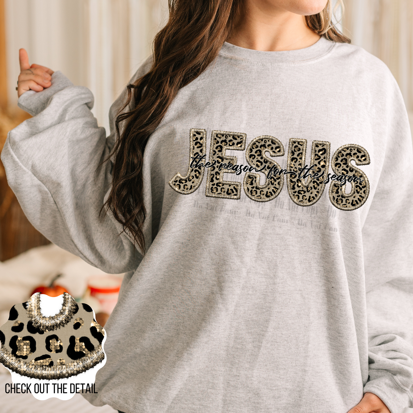 Jesus the Reason for the Season Digital Design | Leopard Faux Embroidery PNG