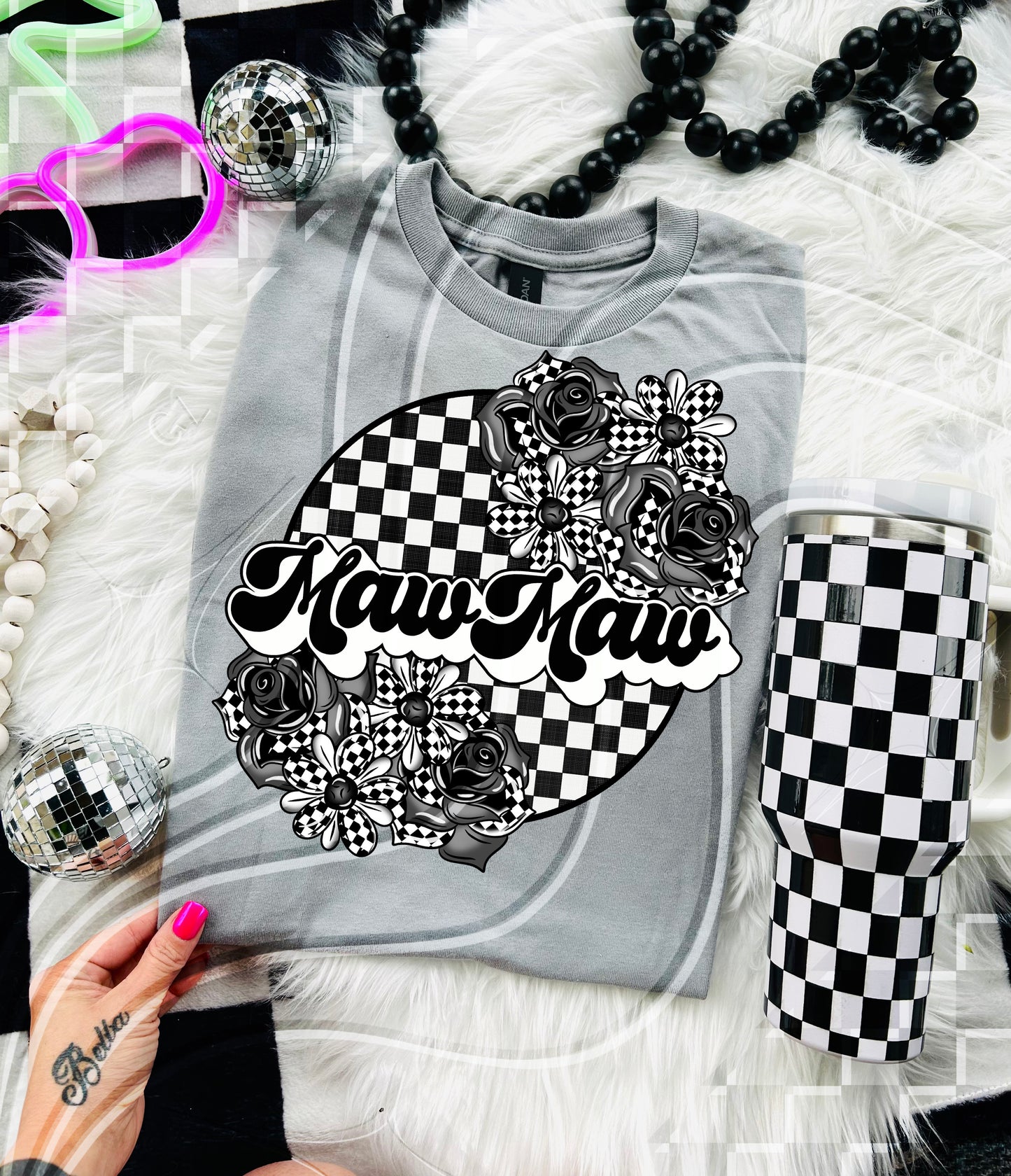 Checkerboard Floral “Name” Tee – Mama, Nana, Gram & More! - Digital Download- PNG