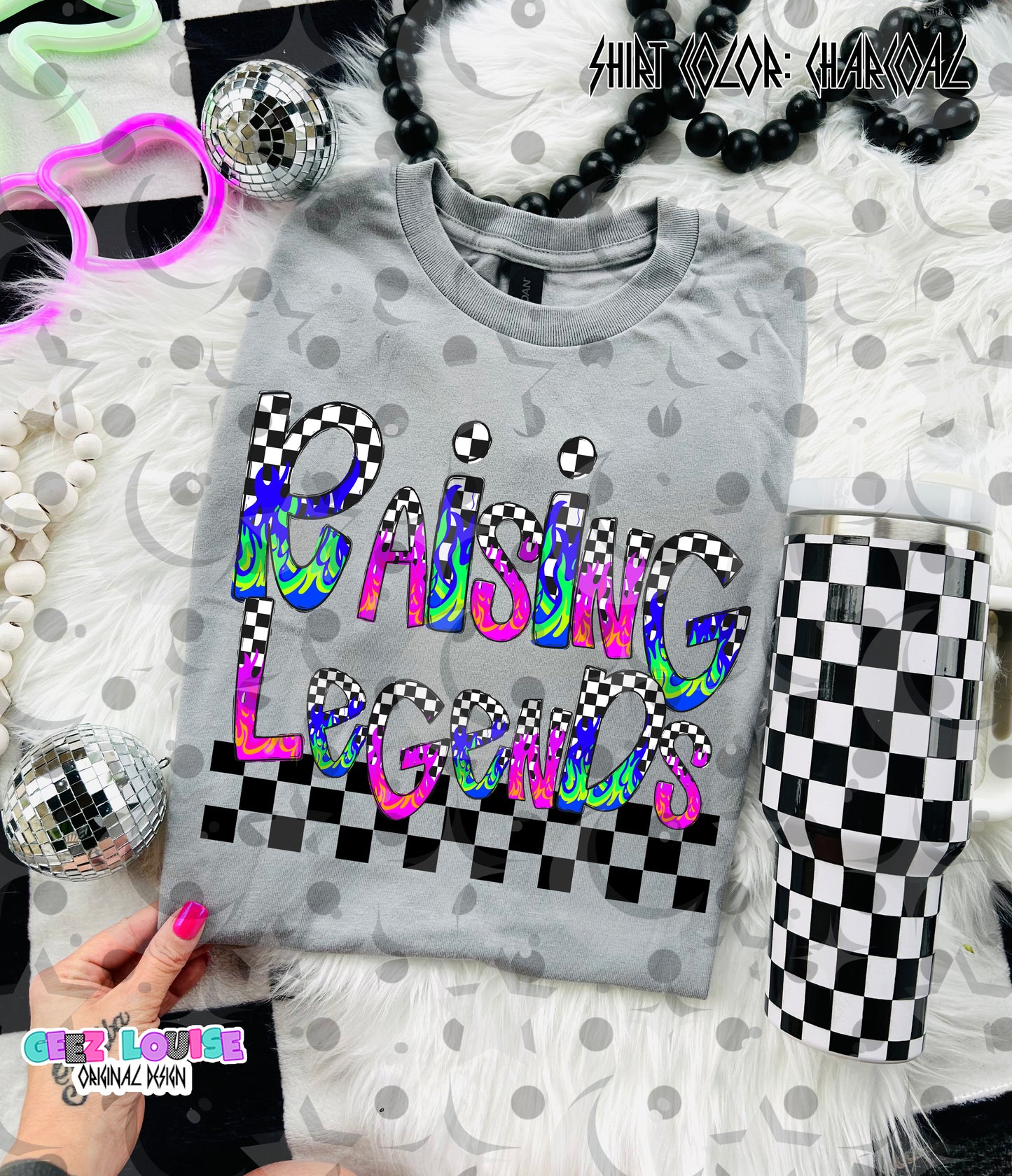 Raising Legends Neon Grunge Digital Design | Rainbow Flame Checkered PNG | Retro Parent Shirt Design