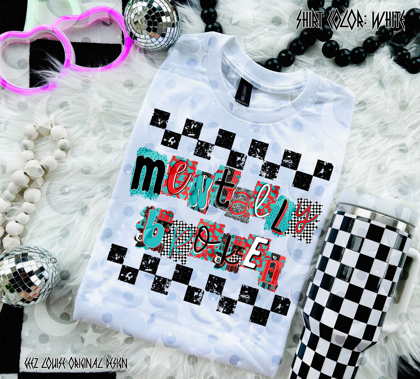 Mentally Broken Digital Design | Punk Patchwork Checkered PNG