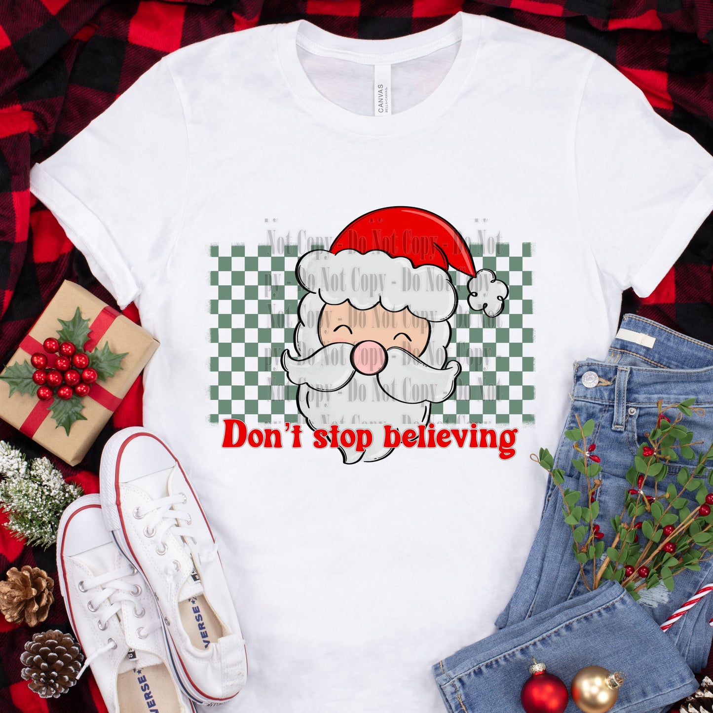 Don’t Stop Believing Digital Design | Santa Checkerboard Christmas PNG