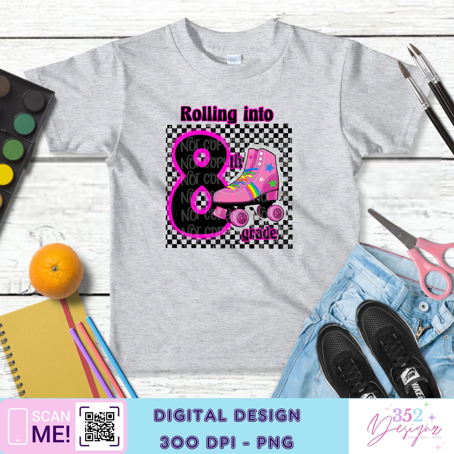Pink skate back to school grades - Digital Download- PNG