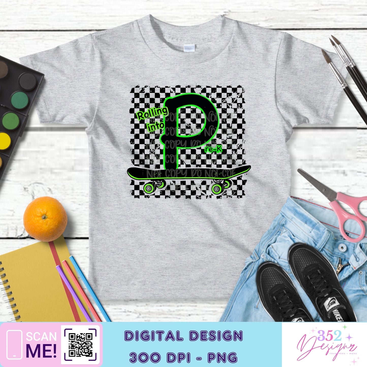 Green neon skateboard back to school grades - Digital Download- PNG