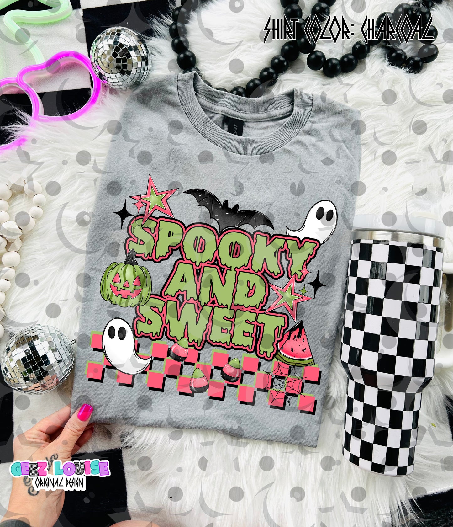 Spooky and Sweet PNG | Cute Halloween Watermelon Design | Ghost Pumpkin Candy Sublimation PNG | Retro Checkerboard Graphic