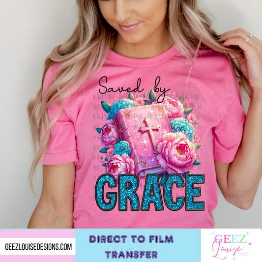 Saved by grace faux sequin embroidery- Direct to Film Transfer - made to order