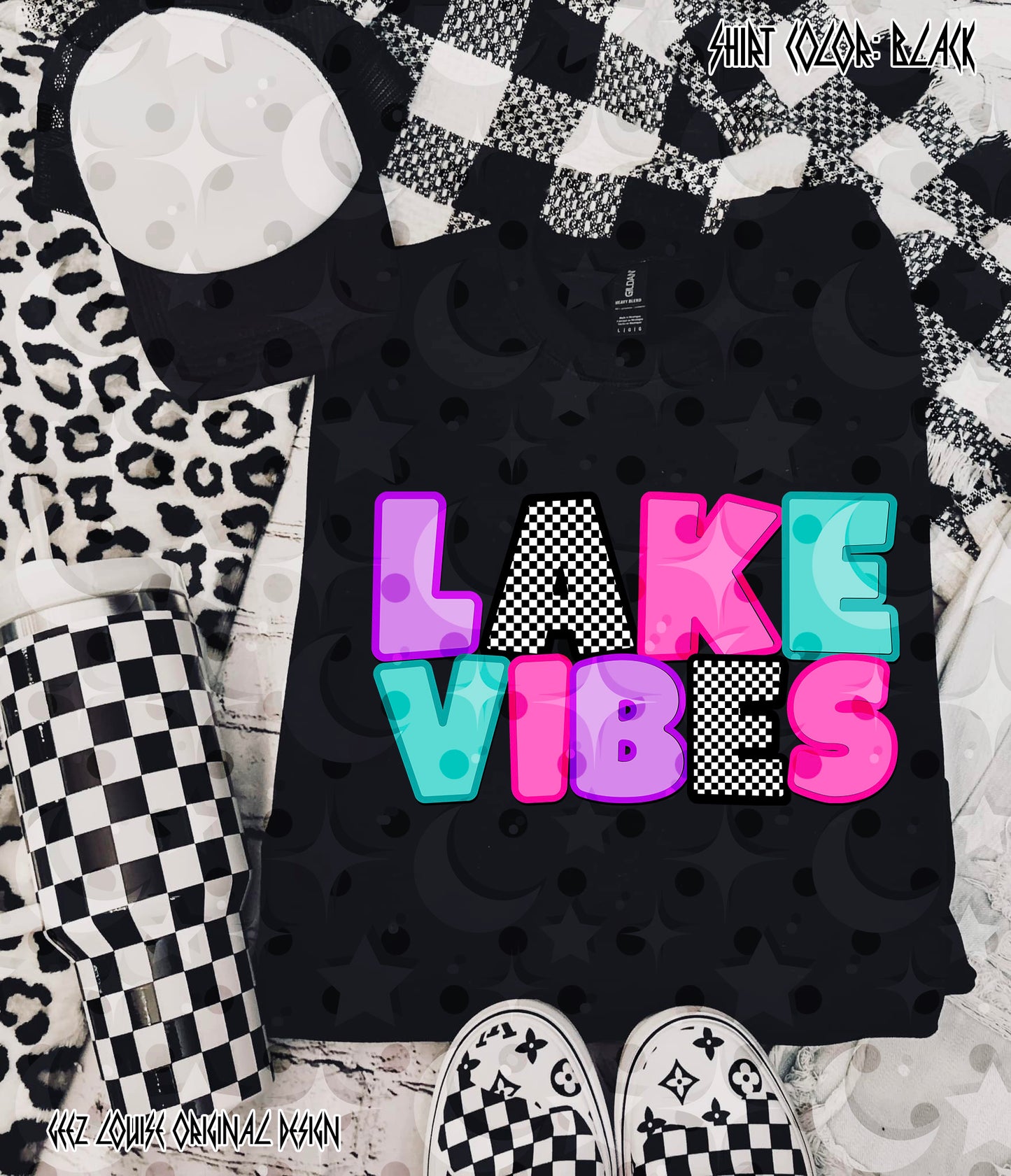Lake Vibes PNG | Retro Neon Bubble Letter Design | Checkerboard Aesthetic | Summer Sublimation PNG