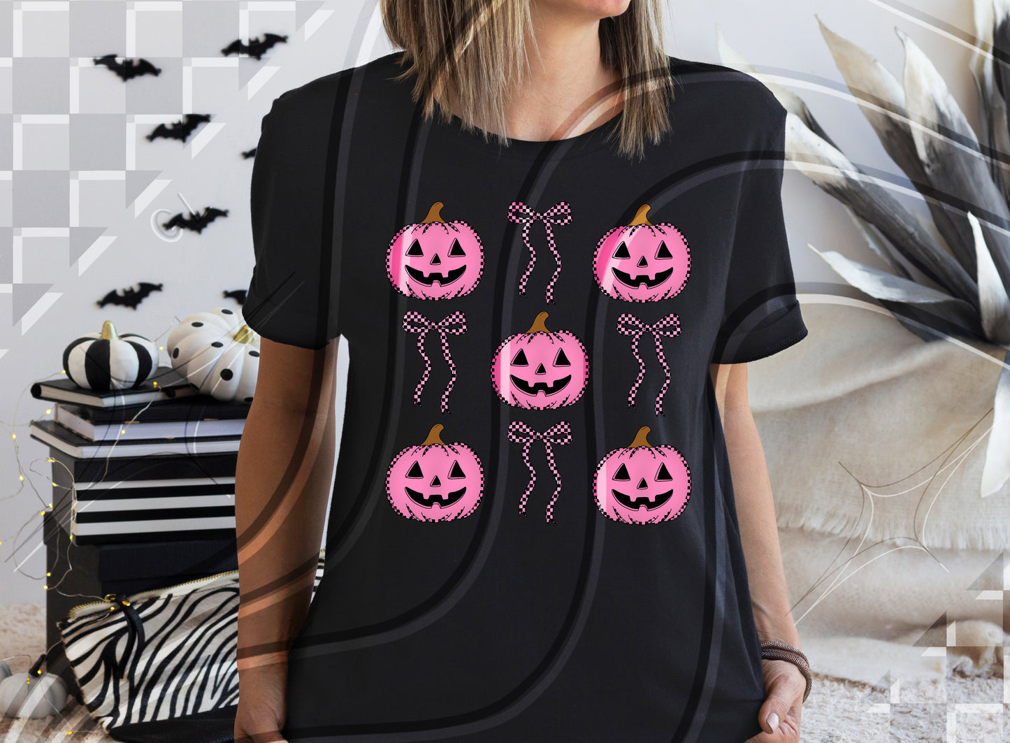 Coquette Checkered Pumpkin Digital Design – 4 Color Options (PNG + Commercial Use)