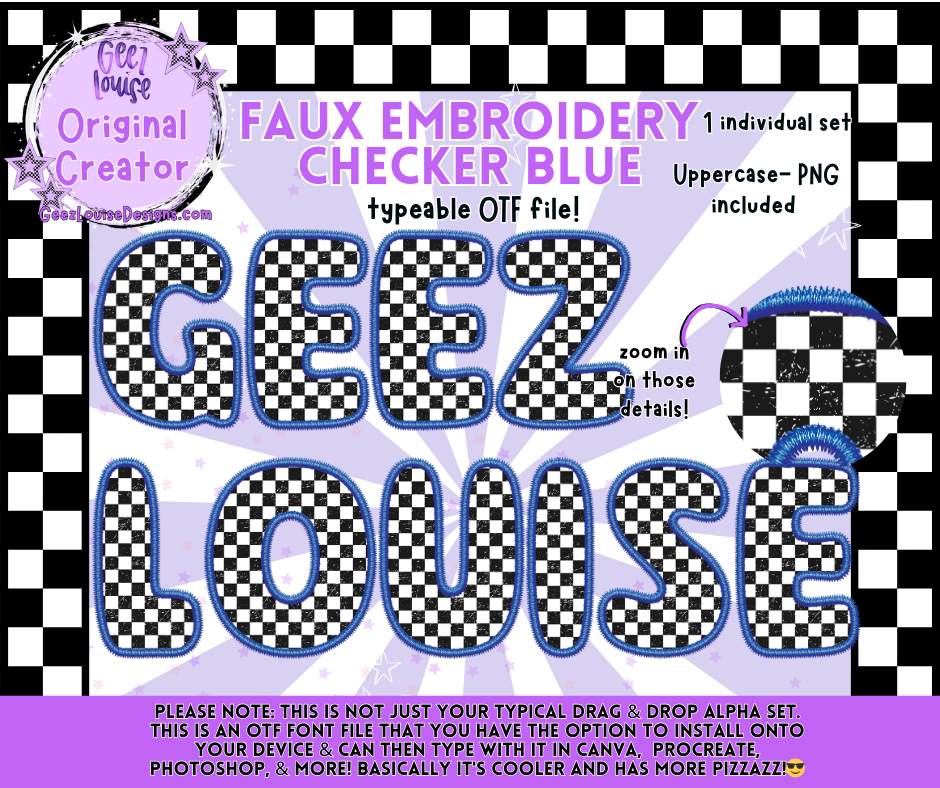 Faux Embroidery Checker Blue OTF Alpha | Typeable Font + PNG Set