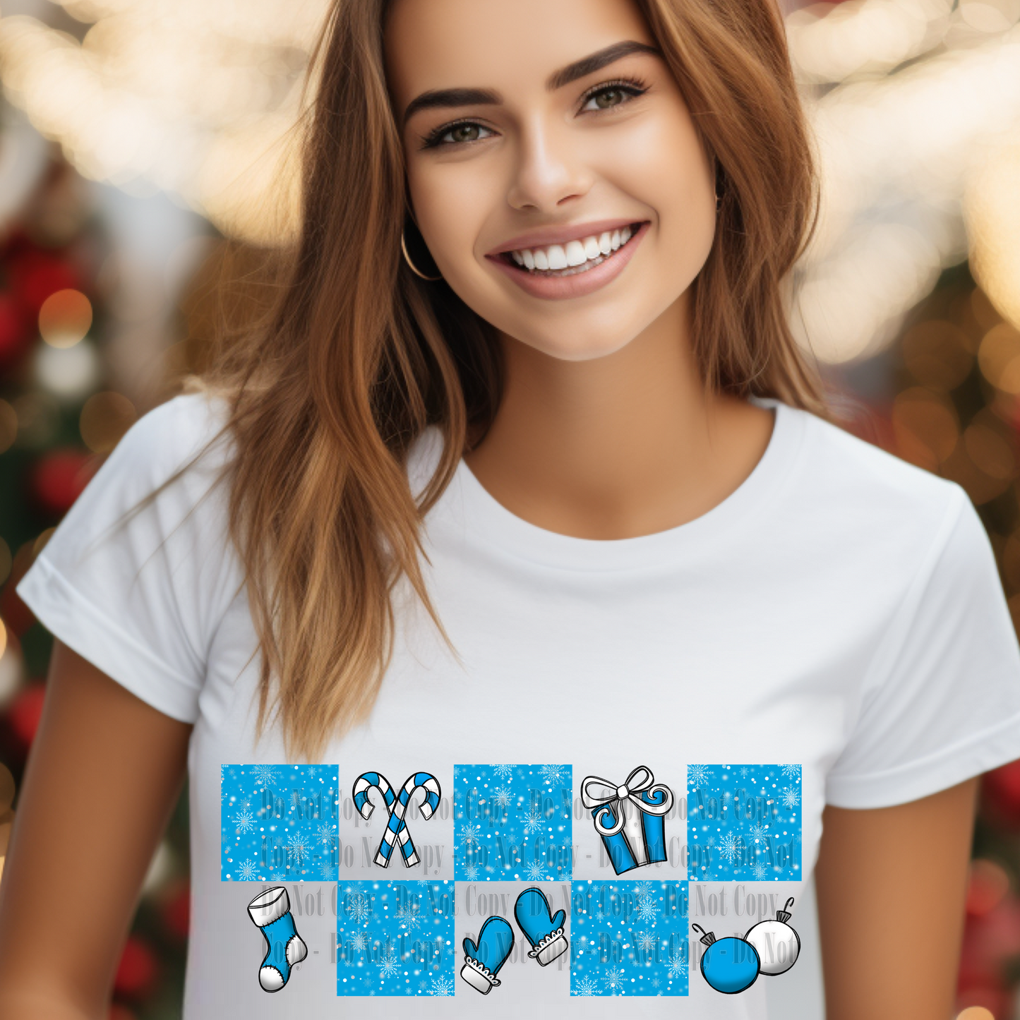 Blue Christmas Squares Digital Design | Winter Candy Canes, Gifts & Mittens PNG