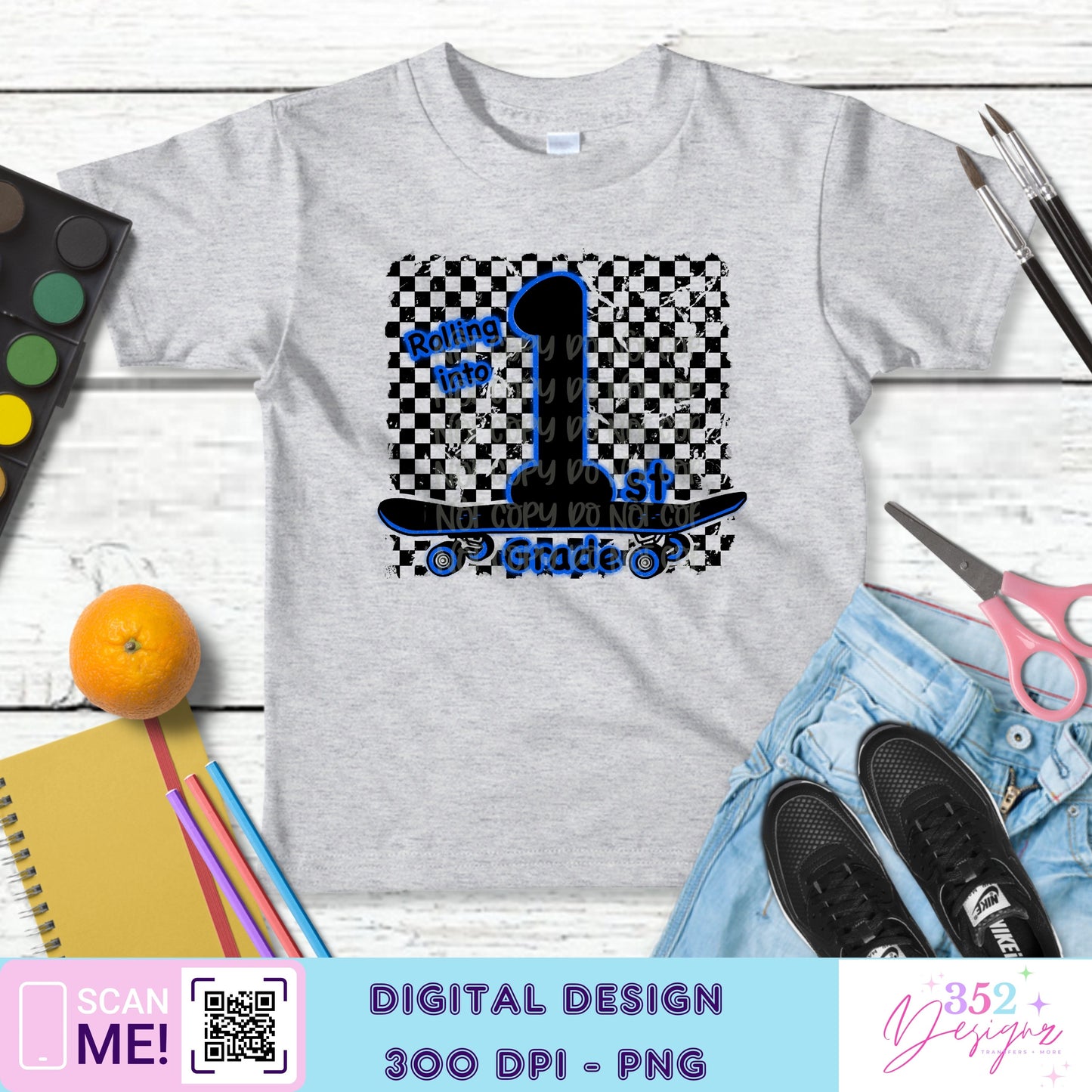 Blue neon skateboard back to school grades - Digital Download- PNG