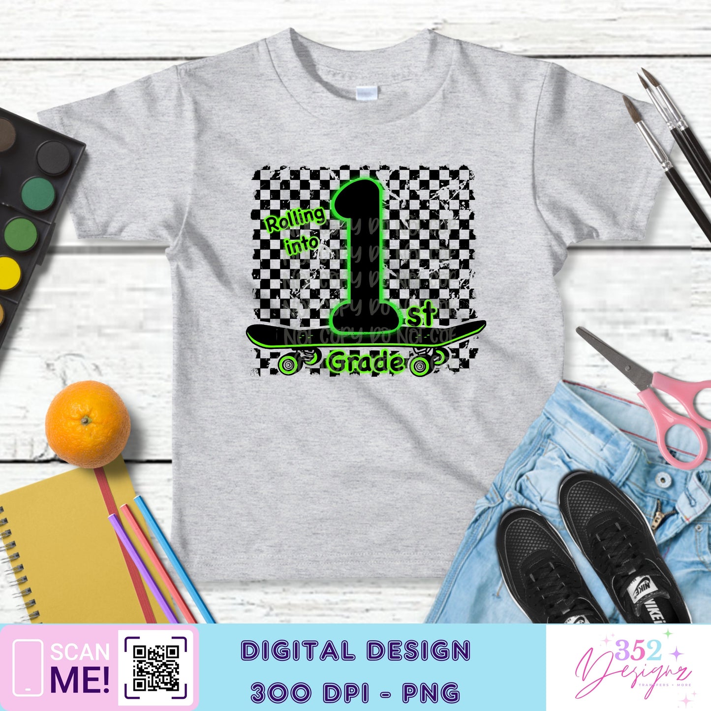 Green neon skateboard back to school grades - Digital Download- PNG