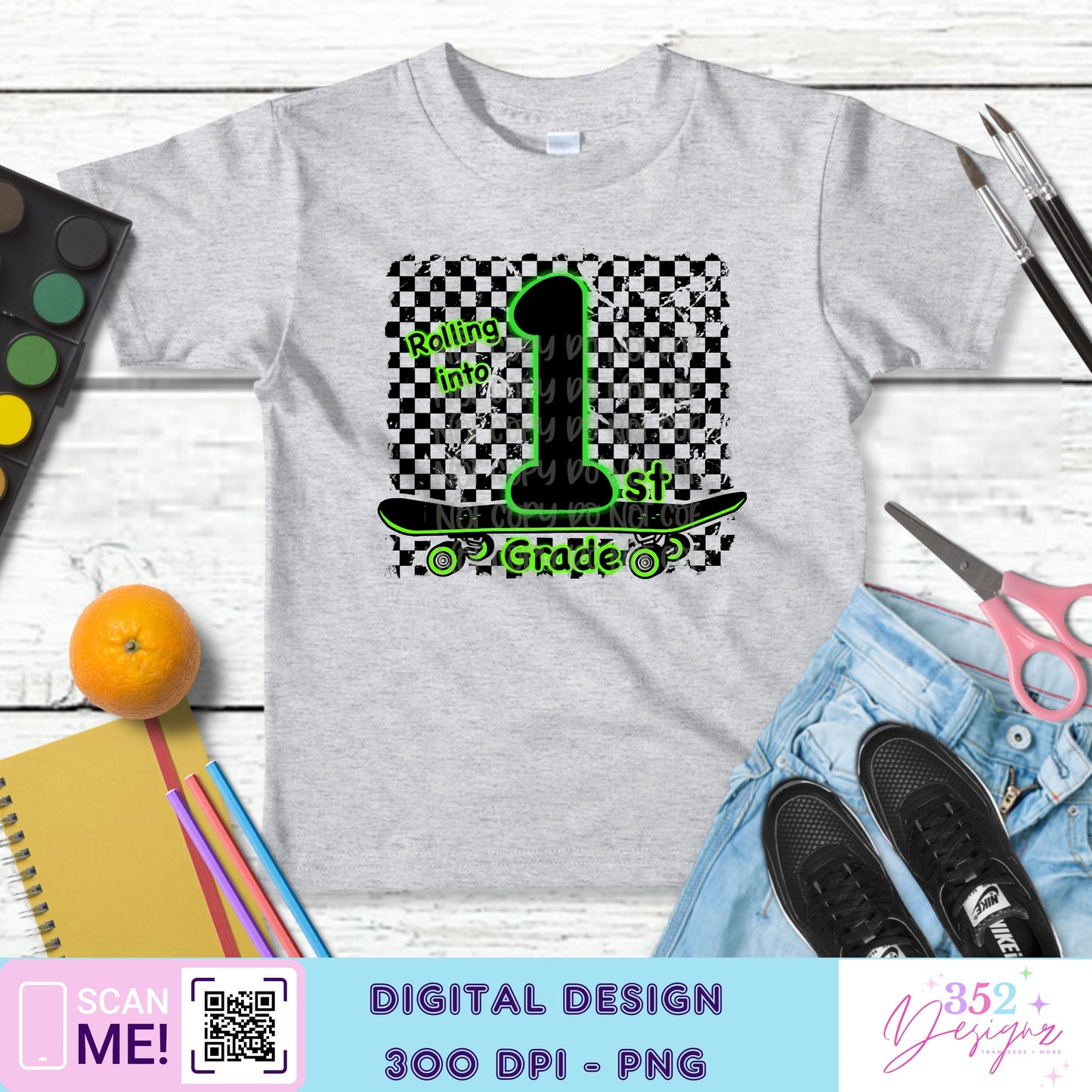 Green neon skateboard back to school grades - Digital Download- PNG