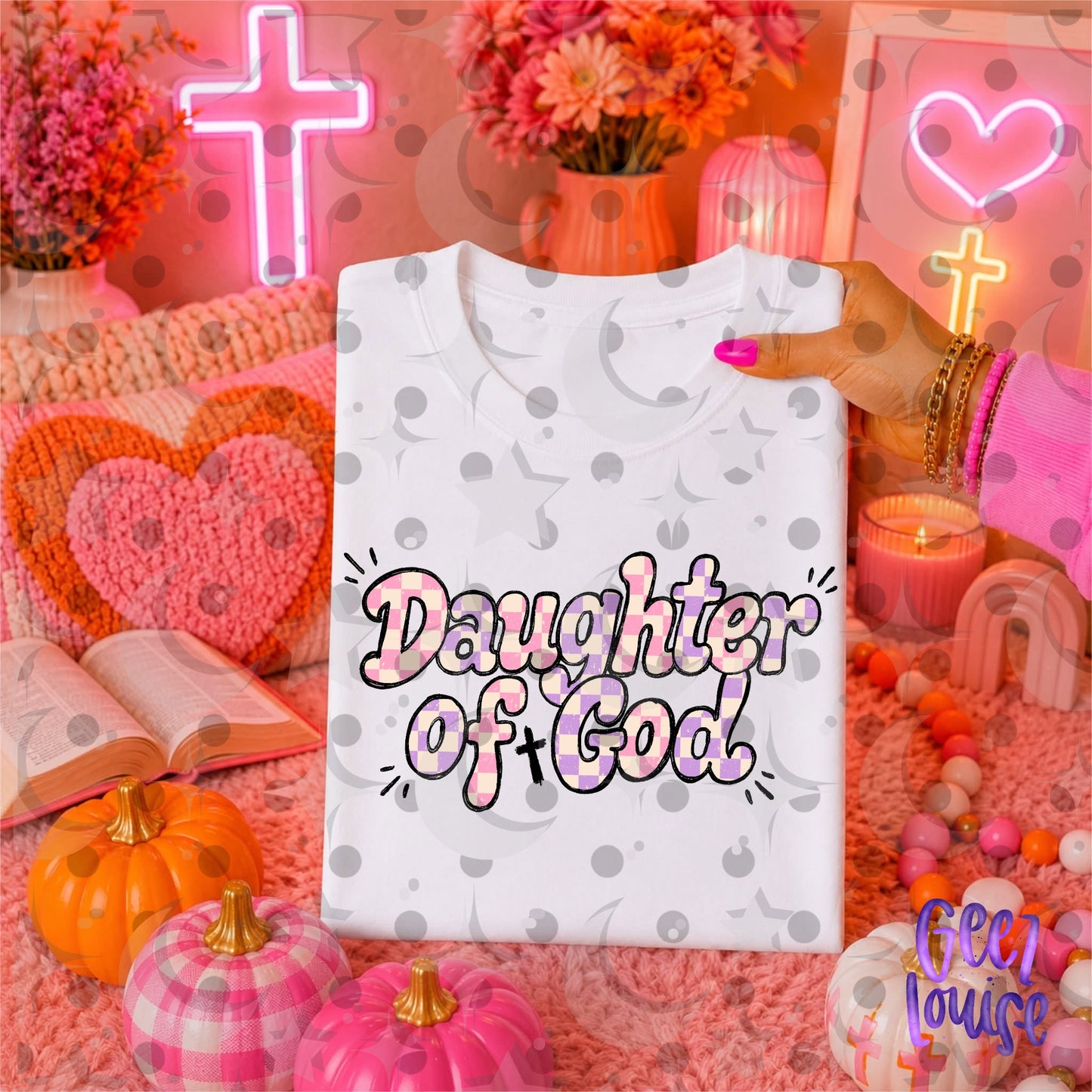 Daughter of God PNG | Christian Faith Sublimation Design | Pink Checkerboard Digital Download | August '26 Finished Design Drive