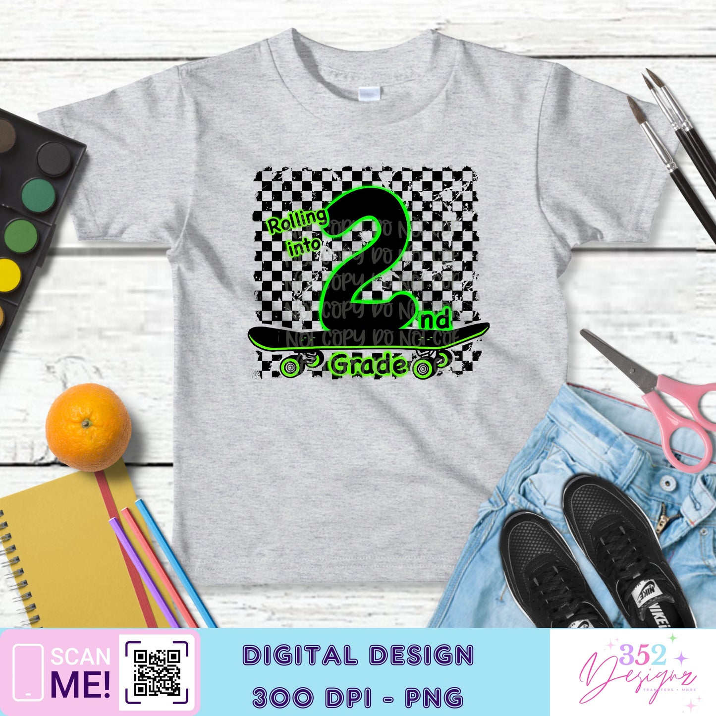 Green neon skateboard back to school grades - Digital Download- PNG