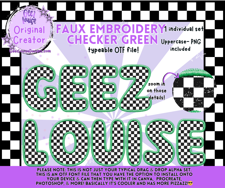 Faux Embroidery Checker Green — Typeable OTF Font + PNG