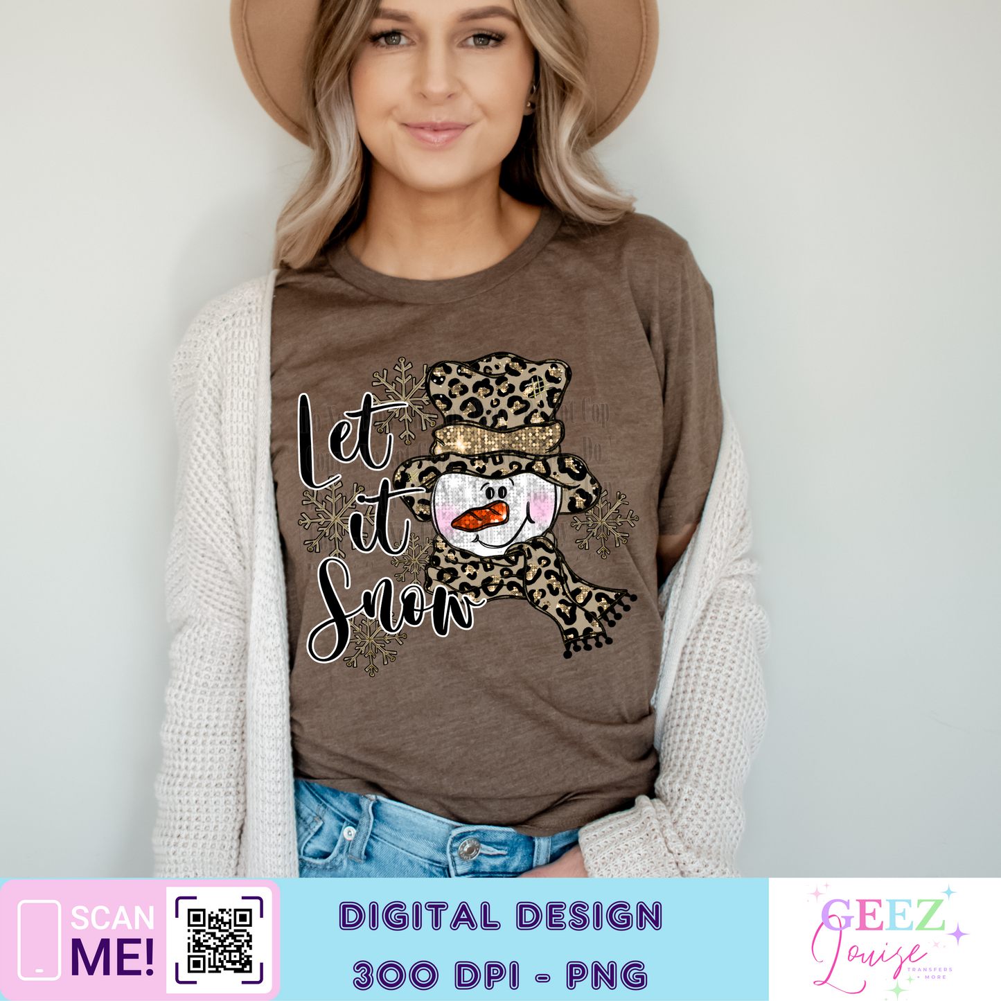 Let it snow Snowman leopard faux sequin - Digital Download- PNG