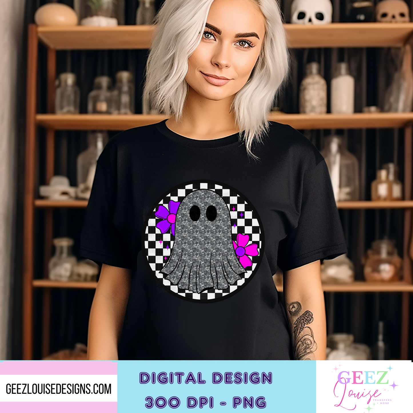 Lacey Ghost with neon flowers and checkerboard Halloween - Digital Download- PNG