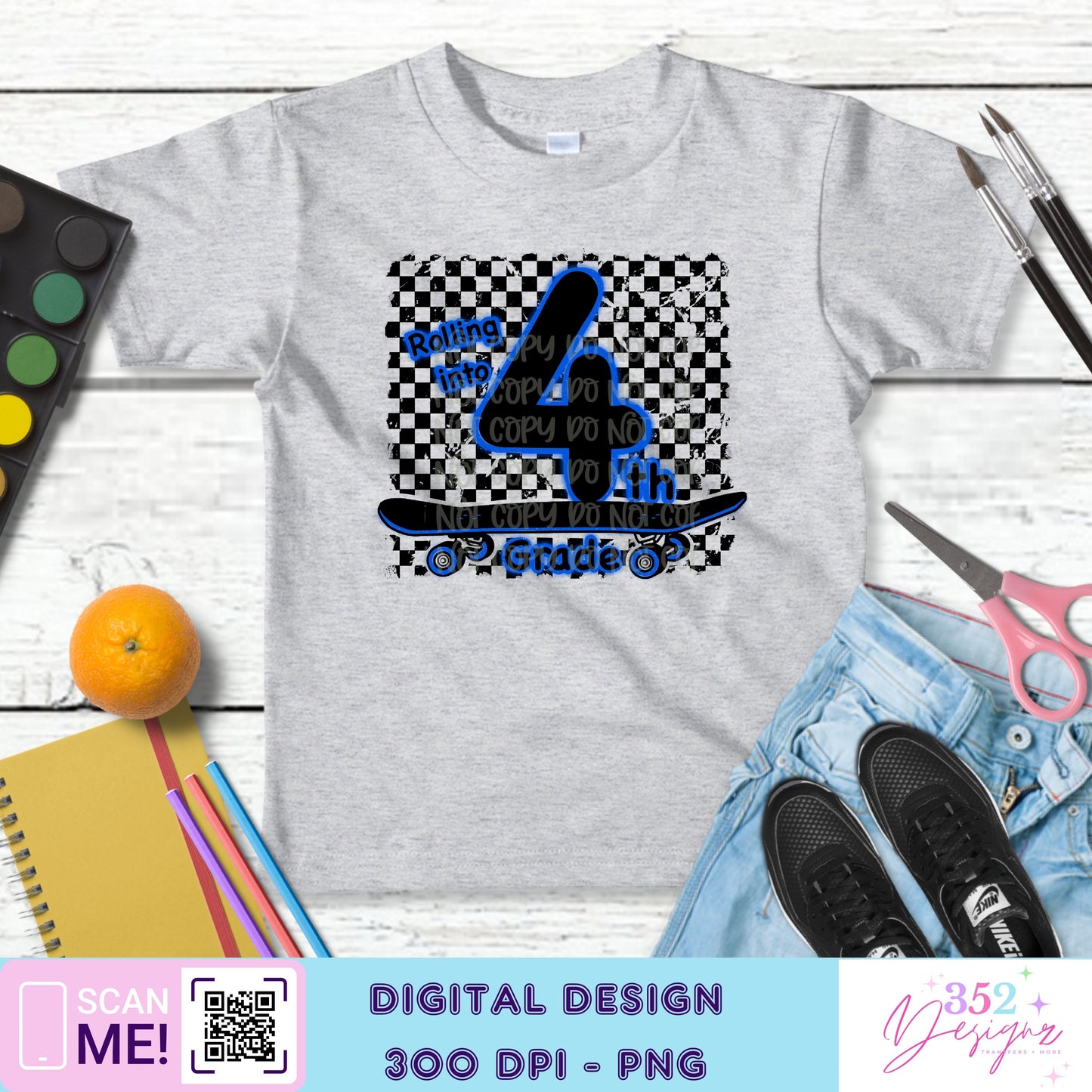 Blue neon skateboard back to school grades - Digital Download- PNG