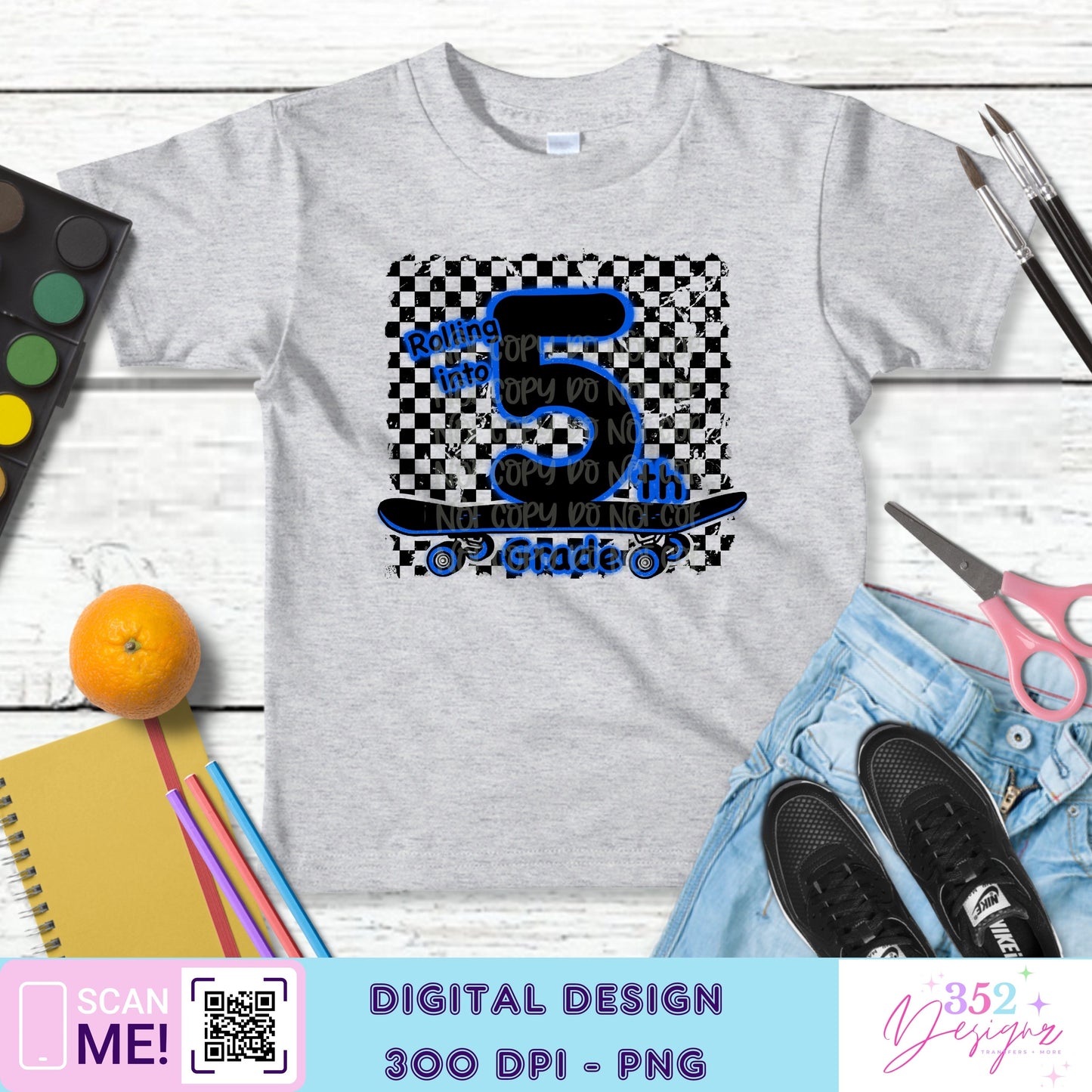 Blue neon skateboard back to school grades - Digital Download- PNG