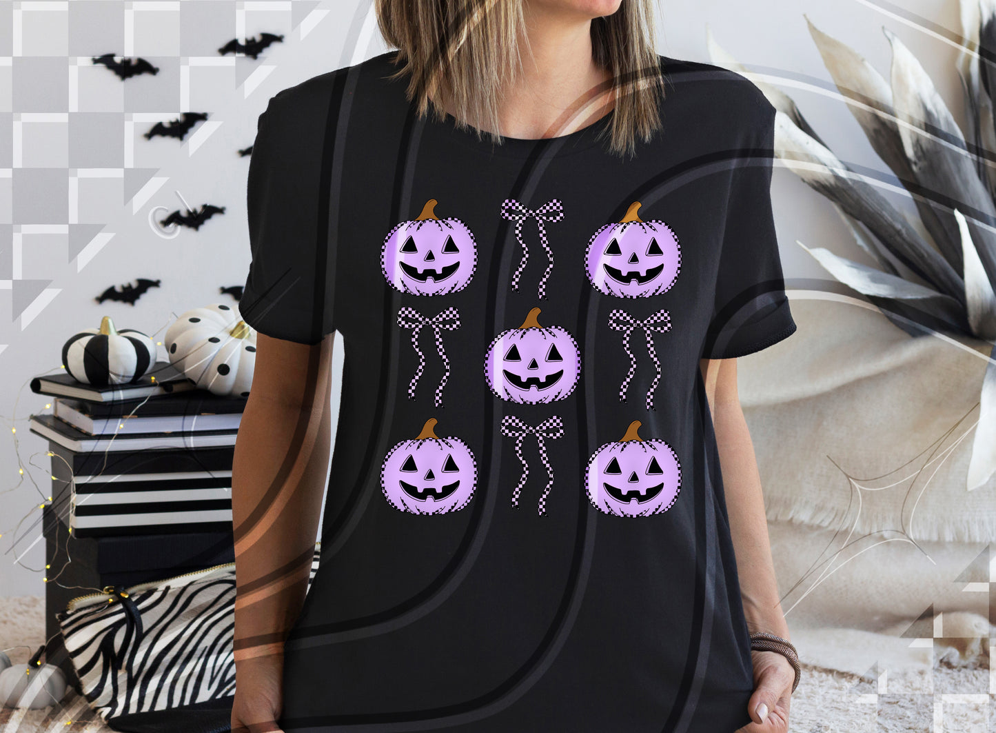 Coquette Checkered Pumpkin Digital Design – 4 Color Options (PNG + Commercial Use)