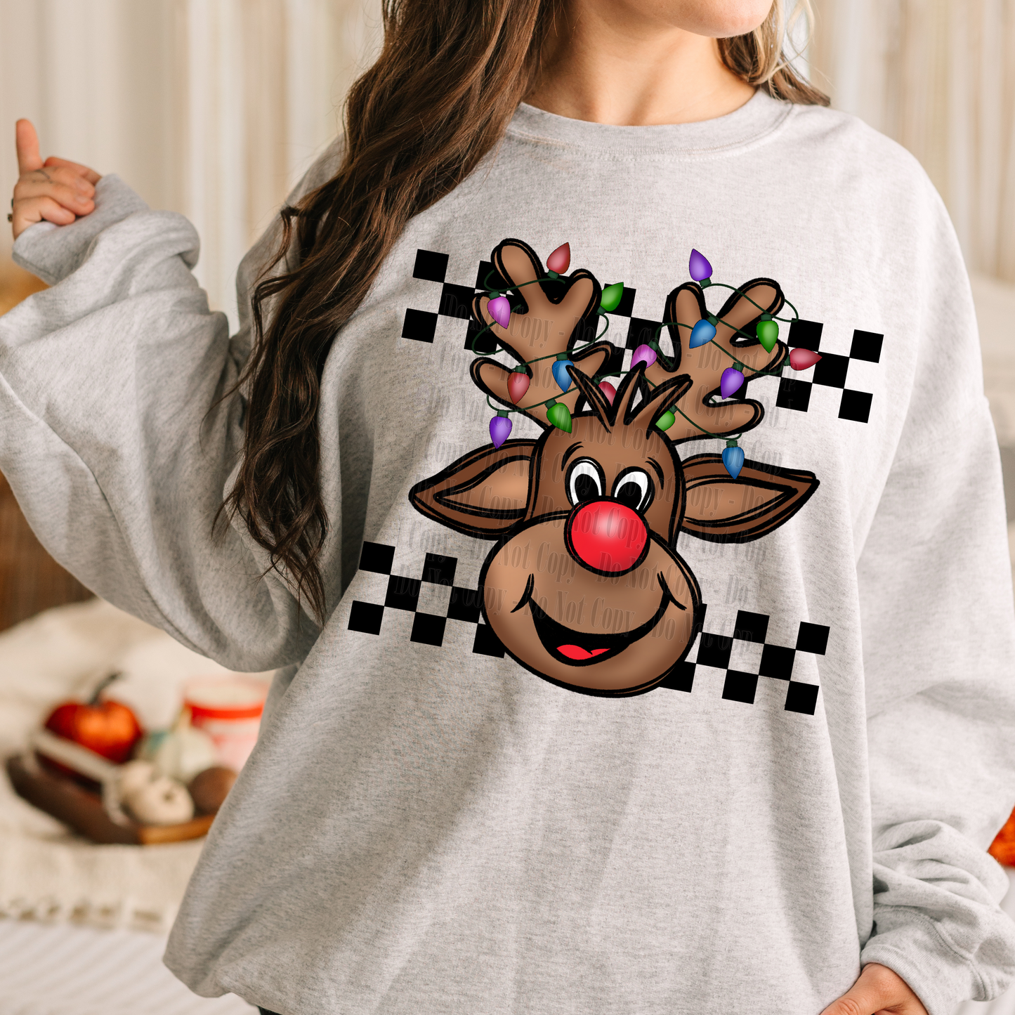 Checkered Reindeer with Christmas Lights Digital Design | Christmas PNG